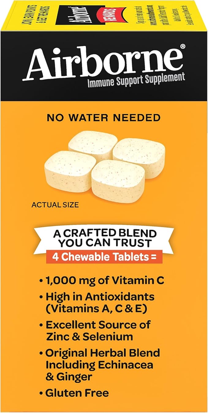 Airborne Vitamin C 1000mg (per Serving) - Citrus Chewable Tablets (96 Count in a Box), Gluten-Free Immune Support Supplement with Vitamins A C E, Zinc, Selenium, Echinacea, Ginger, Antioxidants