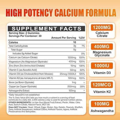 1200mg Calcium Gummies w/Vitamin D3 for Adults - High Absorption Calcium Supplement with Magnesium, K2, Copper, Boron, Zinc and Ashwagandha, Support Bone & Muscle, Sugar-Free for Women Men, 60 Count