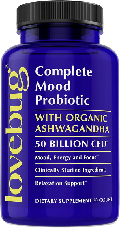 Lovebug Complete Mood Probiotic | Clinically Studied Probiotics & Patented Organic Ashwagandha for Cortisol & Serotonin Support | Supports Natural Energy | Adaptogenic Stress-Defense | 30 Count
