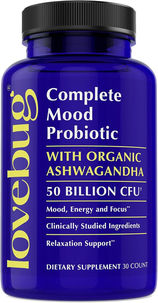 Lovebug Complete Mood Probiotic | Clinically Studied Probiotics & Patented Organic Ashwagandha for Cortisol & Serotonin Support | Supports Natural Energy | Adaptogenic Stress-Defense | 30 Count