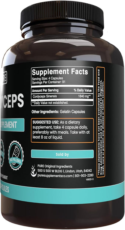 Pure Original Ingredients Cordyceps, No Magnesium or Rice Fillers, 365 Capsules