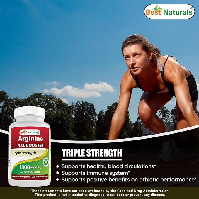 Best Naturals L-Arginine NO Booster Triple Strength 1300 mg Serving 120 Veg Capsules (120 Count (Pack of 1))