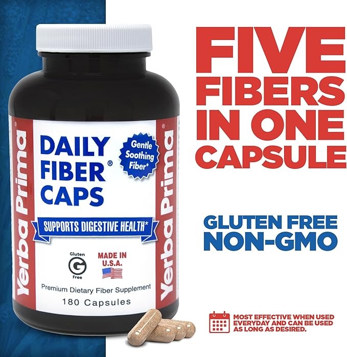 Yerba Prima Daily Fiber Capsules, 180 Caps (Pack of 3) - Soluble Dietary Fiber Supplement - Colon Cleanse - Gut Health - Constipation Relief, Vegan, Non-GMO, Gluten-Free
