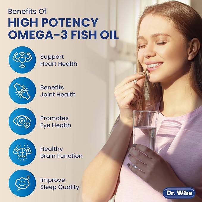Dr. Wise Omega-3 Fish Oil 3600mg - One Per Day - Triple Strength EPA 1300mg & DHA 860mg - Burpless Lemon Flavor - Heart, Brain & Joint Support - High Potency Supplement - 90 Softgels - Made in USA.