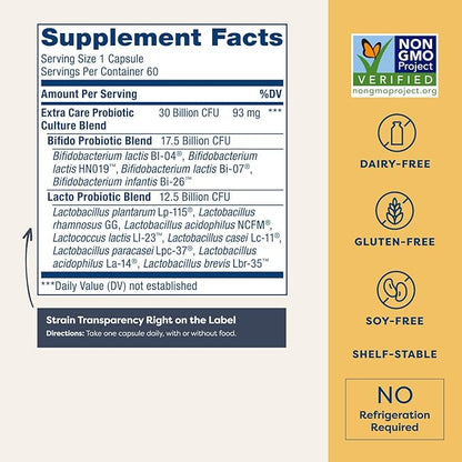 Renew Life Extra Care Probiotic Capsules, Daily Supplement Supports Immune, Digestive and Respiratory Health, L. Rhamnosus GG, Dairy, Soy and gluten-free, 30 Billion CFU, 60 Count
