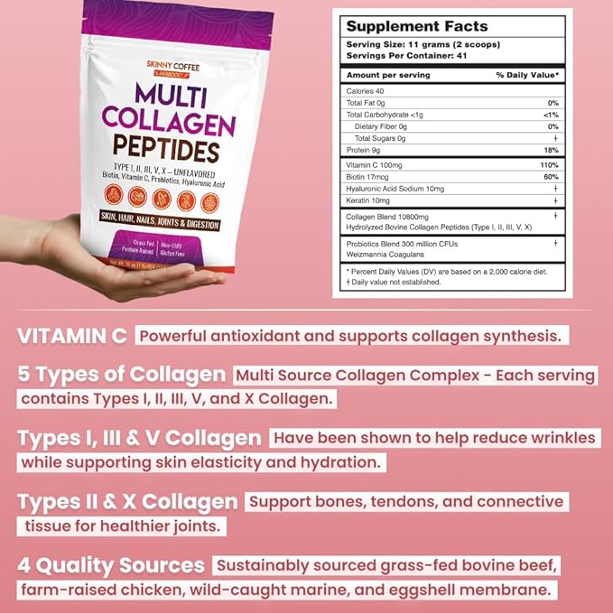 Multi Collagen Peptides - Unflavored Collagen Peptides Protein Powder, Type I,II,III,V,X with Biotin, Hyaluronic Acid, Vitamin C For Women & Men, Supports Skin, Nails & Joint, Non-GMO (41 Servings)