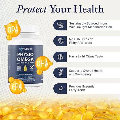 Physio Omega - Omega 3 Supplement - Sustainably Sourced - with DPA, EPA, and DHA - Burpless Fish Oil - 1 Pack