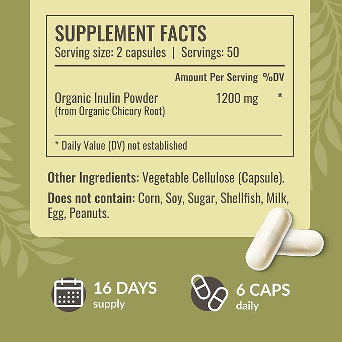 HERBAMAMA Inulin Powder Capsules 1200mg - Digestive Support & Gut Cleanse with Inulin Prebiotic Fiber - Vegan, Non-GMO Chicory Root Powder Supplement, 100 Caps, 16-Day Supply