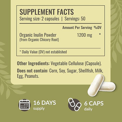 HERBAMAMA Inulin Powder Capsules 1200mg - Digestive Support & Gut Cleanse with Inulin Prebiotic Fiber - Vegan, Non-GMO Chicory Root Powder Supplement, 100 Caps, 16-Day Supply