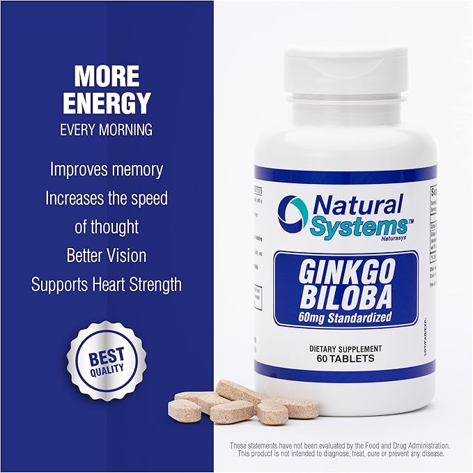 Ginkgo Biloba 60 mg by Natural Systems 60 Tablets - Gingko Biloba Powder Brain Supplement - Ginkgo Biloba Concentration Supplements - Memory Vitamins for Men and Women - Boost Energy Supplements