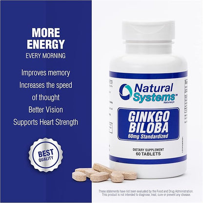Ginkgo Biloba 60 mg by Natural Systems 60 Tablets - Gingko Biloba Powder Brain Supplement - Ginkgo Biloba Concentration Supplements - Memory Vitamins for Men and Women - Boost Energy Supplements