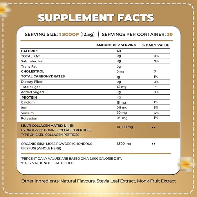 ORGANICS NATURE Collagen Peptides Powder with Irish Sea Moss Vanilla Caramel Flavored | Naturally Sourced Hydrolyzed Collagen w/Biotin for Hair, Skin, Nail, and Joint Support 30 Servings 380 gr