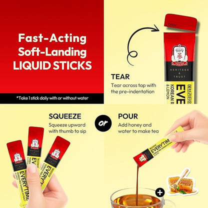Everytime Korean Red Ginseng Extract 1,050mg & Lemon - Vegan Energy Drink Liquid Stick Supplements - Builds Stamina & Immunity, Non-GMO (10 Sticks, 0.34 fl oz)