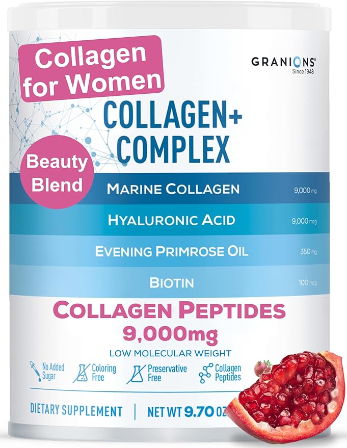 Marine Collagen Powder Supplement - Type I Hydrolyzed Marine Collagen Peptides, Protein, Biotin, Hyaluronic Acid, Vitamin C, Vital Antioxidants - Skin Supplements for Women - Pomegranate, 9.7oz