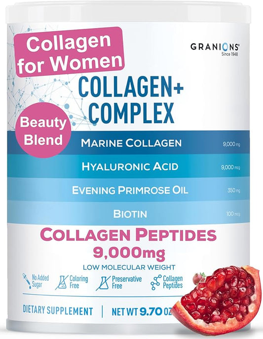 Marine Collagen Powder Supplement - Type I Hydrolyzed Marine Collagen Peptides, Protein, Biotin, Hyaluronic Acid, Vitamin C, Vital Antioxidants - Skin Supplements for Women - Pomegranate, 9.7oz