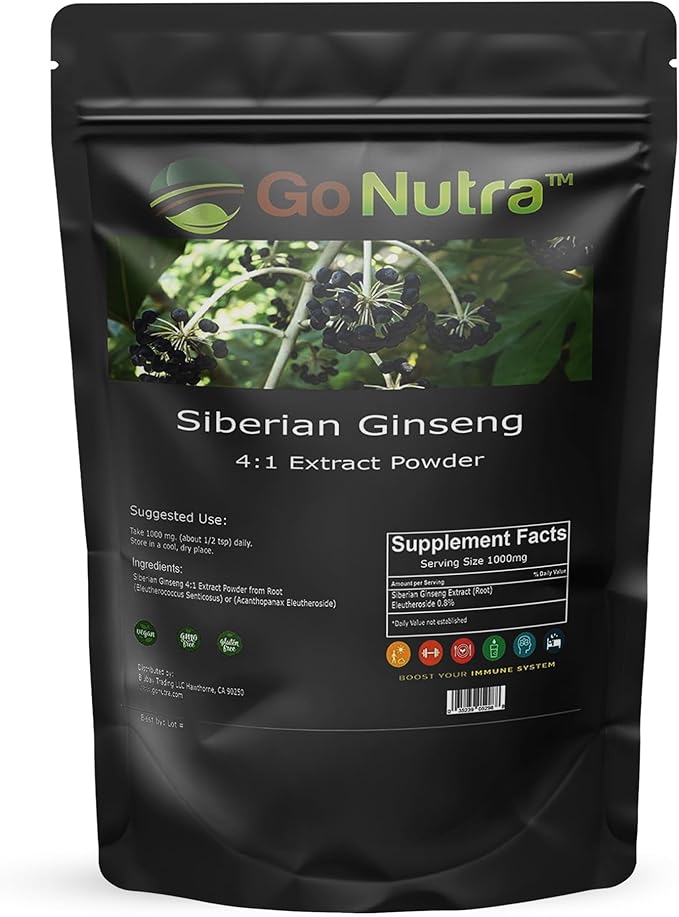 Go Nutra Siberian Ginseng Powder 4:1 Extract 4X Times Stronger Non-GMO 1lb (16 oz) Eleuthero Root