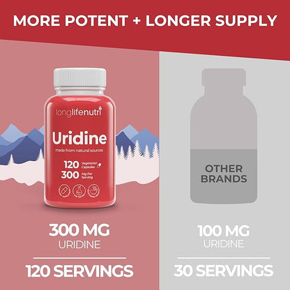 Uridine Monophosphate 300mg – Choline Precursor & Synaptic Function, Nootropic for Focus & Mental Performance, 120 Vegetarian Capsules, 4-Month Supply, GMP Certified, Made in USA