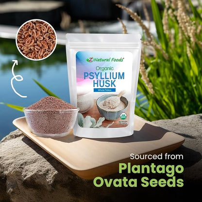 Z Natural Foods Organic Whole Psyllium Husk Flakes, a Natural Fiber Supplement, Mix It Into Smoothies, Juice, Non-GMO, Vegan, Gluten-Free, Kosher, 3 lb.