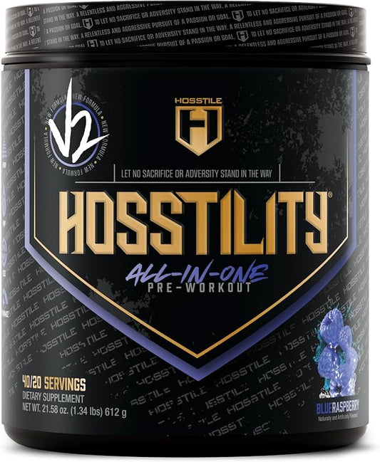 HOSSTILE Hosstility V2 Pre Workout, All-in-One Pre Workout Powder for Men and Women, Enhance Muscle Pump, Increase Energy, Boost Strength, Sharpen Focus, Blue Raspberry, 40/20 Servings