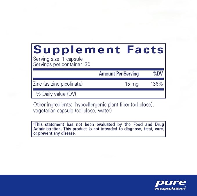Pure Encapsulations Zinc 15 mg - Zinc Picolinate Supplement for Immune System Support, Growth & Development - for Wound Healing - 30 Capsules