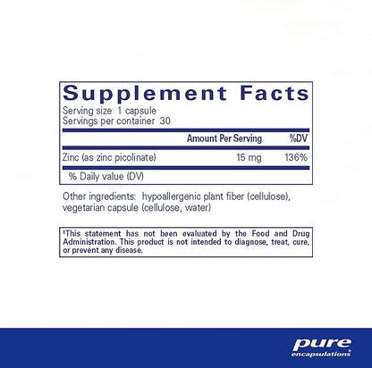 Pure Encapsulations Zinc 15 mg - Zinc Picolinate Supplement for Immune System Support, Growth & Development - for Wound Healing - 30 Capsules