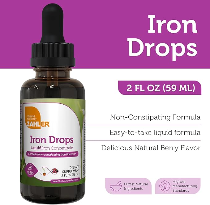 Zahler's Iron Drops, Liquid Iron Concentrate, Gentle and Non-Constipating Iron Formula, 2 Fl OZ