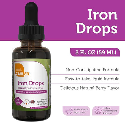 Zahler's Iron Drops, Liquid Iron Concentrate, Gentle and Non-Constipating Iron Formula, 2 Fl OZ