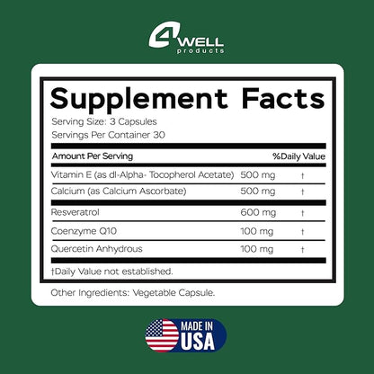 Resveratrol Supplement 1800mg Complex - COQ10, Quercetin, Vitamin E, Vitamin C - Powerful Antioxidant Formula for Enhanced Energy, Heart Health & Healthy-Aging Support Trans Resveratrol 90 Capsules