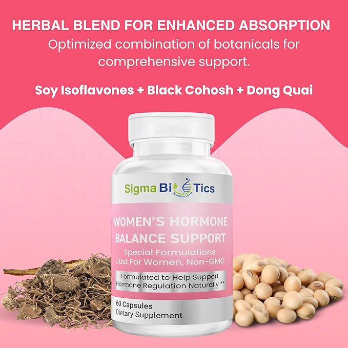 Women’s Hormone Balance Support - Herbal Supplement for Menopause, Hormonal & Reproductive Health - Non-GMO Supplements with Soy Isoflavones, Black Cohosh, Dong Quai - 60 Capsules