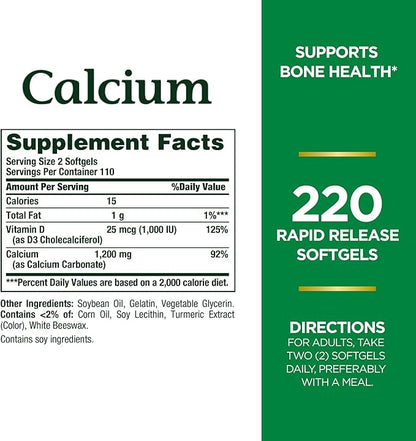 Nature's Bounty Calcium 1200 mg with 1,000IU Vitamin D3, Bone Health & Immune Support, 220 Softgels