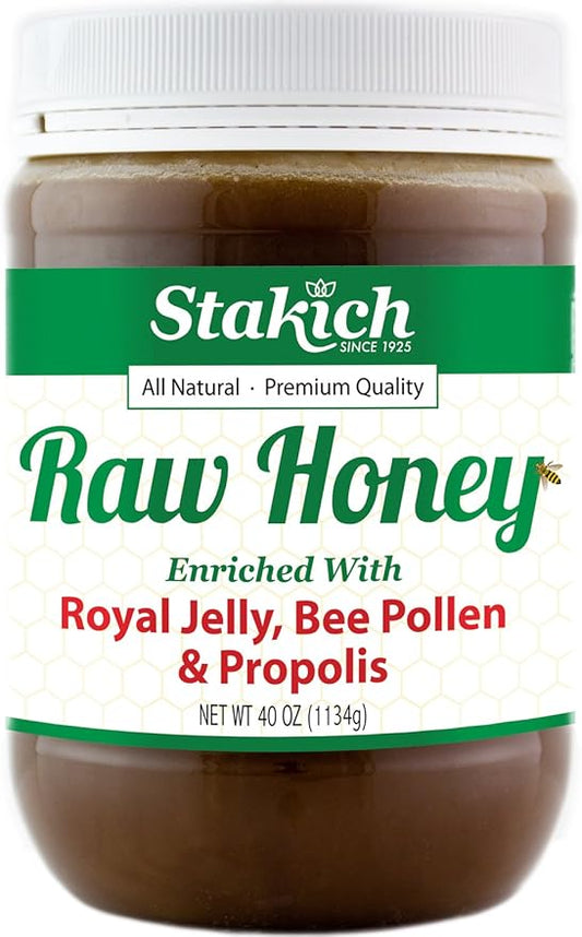 Stakich Royal Jelly, Bee Pollen, Propolis Raw Honey - Pure, Unprocessed, Unheated - 40 Ounce