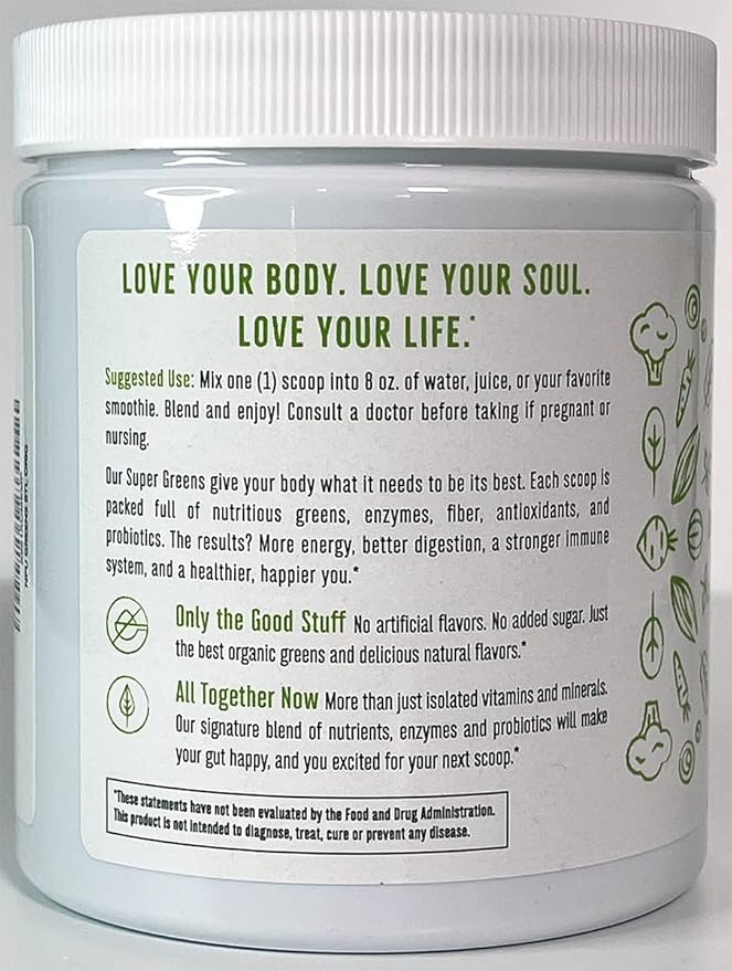 Super Greens Powder Organic Blend: Non-GMO Supplement, Includes Spirulina, Alfalfa, Spinach, Probiotics, Fiber and Digestive Enzymes, No Artificial Sweeteners, 30 Servings