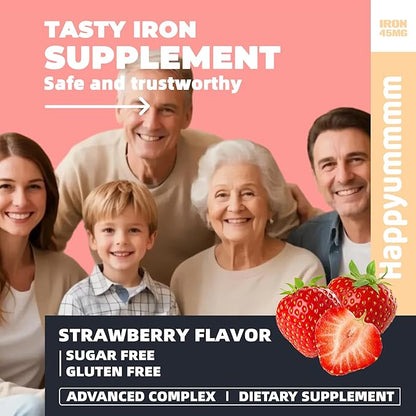 Iron Soft Chews Supplement with Vitamin C | Strawberry Flavored | Gluten Free | Iron Supplement for Women Men and Kids | 60 Count | 2 Month Supply