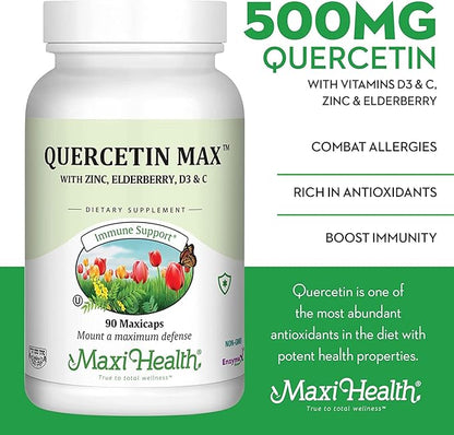 Maxi Health Quercetin 500mg with Zinc 30mg, Vitamin C 1000mg, Vitamin D 2500 IU, Elderberry 125mg - Vegetarian Health Supplement for Adults Kosher Certified - 90 Veggie Capsules (Pack of 2)