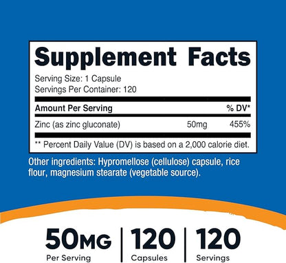 Nutricost Zinc Gluconate 120 Vegetarian Capsules (50mg) - Gluten Free and Non-GMO