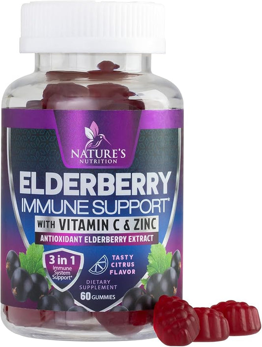 Immune Support Gummies - Sambucus Elderberry Gummy with Elder Berry Extract, Zinc & Vitamin C, Natural Vegan Immune Support Supplement for Adults & Children, Gummy Elderberry Vitamins - 60 Gummies
