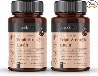 pureclinica Lutein 30mg x 180 Tablets (2 Bottles with 90 Tablets in Each). with 1000mcg Zeaxanthin. 3 x The Strength of Regular Lutein Tablets