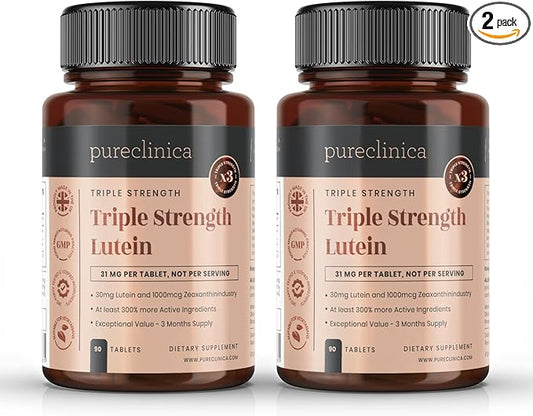 pureclinica Lutein 30mg x 180 Tablets (2 Bottles with 90 Tablets in Each). with 1000mcg Zeaxanthin. 3 x The Strength of Regular Lutein Tablets