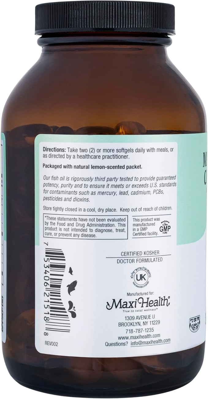 Maxi Health Omega 3 Supplement - Omega-3 Fish Oil Concentrate - Higher Potency Source of EPA/DHA Fatty Acids - Heart, Brain & Joint Health - Wild Caught Marine Fish - 180 Vegetarian Softgels