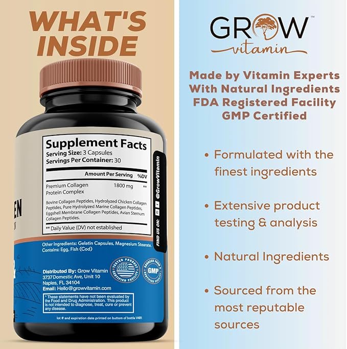 grow vitamin Multi Collagen Capsules, 1800MG (Types I, II, III, V & X) - Non-GMO, Grass Fed Collagen - Anti Aging Support for Hair, Skin, Nails - Protein Pills for Joint Support - 90 Capsules