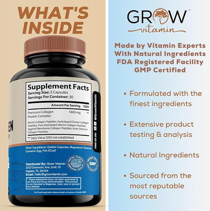 grow vitamin Multi Collagen Capsules, 1800MG (Types I, II, III, V & X) - Non-GMO, Grass Fed Collagen - Anti Aging Support for Hair, Skin, Nails - Protein Pills for Joint Support - 90 Capsules