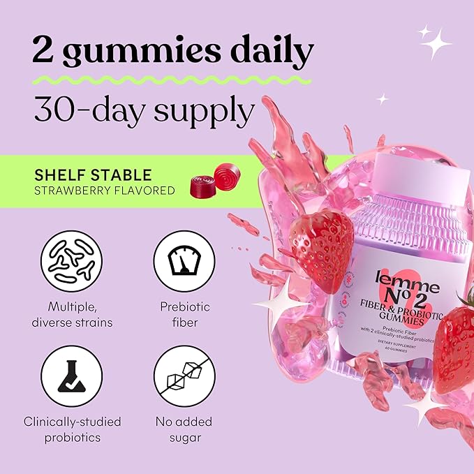 Lemme No. 2 Fiber & Probiotic Gummies for Adults, Promotes Regularity & Digestive Health, No Sugar Added Strawberry Flavor, 4g Prebiotic Fiber & Clinically Studied Probiotic Strains, (60 Count)