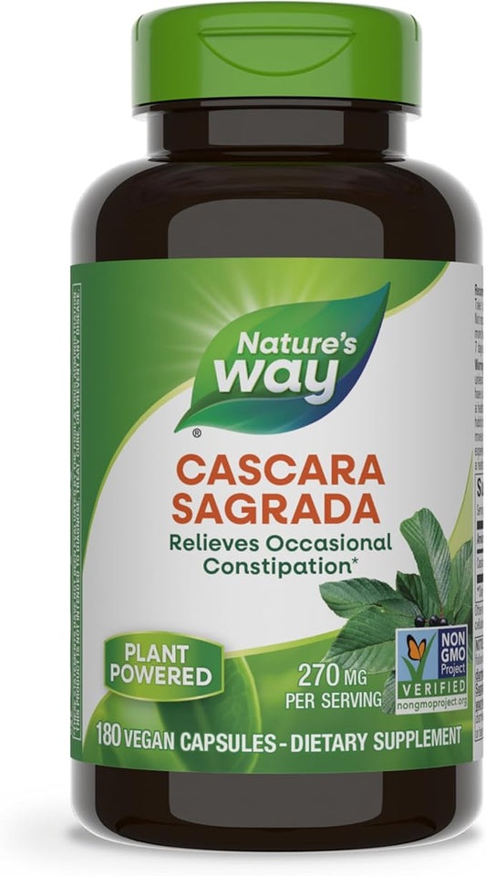 Nature’s Way Cascara Sagrada Bark, Occasional Constipation Relief*, Supports Regularity*, Non-GMO Project Verified, 270 mg per Serving, 180 Capsules (Packaging May Vary)