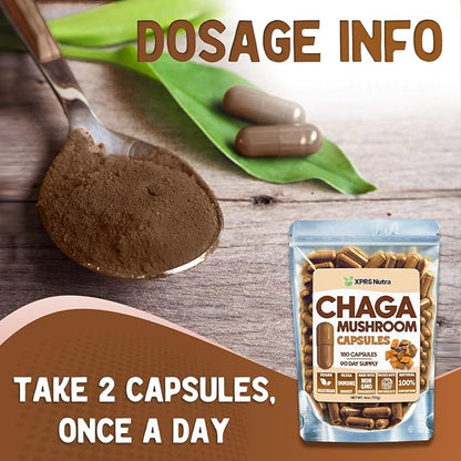 XPRS Nutra Chaga Mushroom Capsules - Premium USDA Chaga Mushrooms Capsules- Encapsulated Chaga Mushroom Powder for an Immunity Boost - Vegan Friendly Superfood for Chaga Tea and Beverages - 180 Count