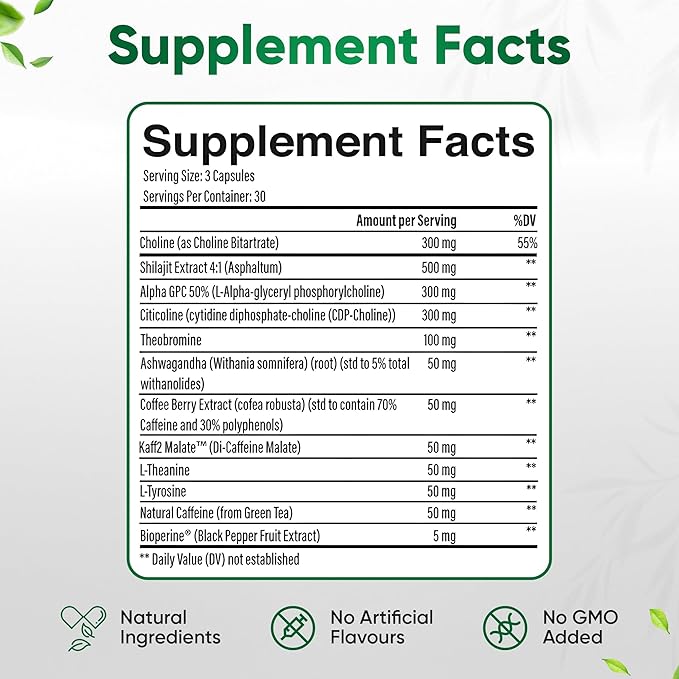 12-in-1 Natural Nootropic Brain Support Supplement with Shilajit, Choline, Alpha GPC, Ashwagandha, Theobromine, L Theanine, Natural Caffeine for Memory, Energy, Focus 30 Day Supply