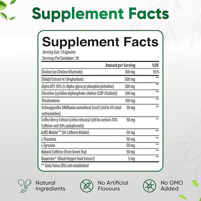 12-in-1 Natural Nootropic Brain Support Supplement with Shilajit, Choline, Alpha GPC, Ashwagandha, Theobromine, L Theanine, Natural Caffeine for Memory, Energy, Focus 30 Day Supply