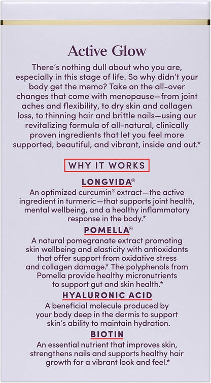 Womaness Active Glow Hair Skin & Nails Vitamins – Supplement for Women w/Biotin, Curcumin derived from Turmeric, Hyaluronic Acid – Vitamins for Hair Growth, Joint Health & Skin Hydration –30 Capsules
