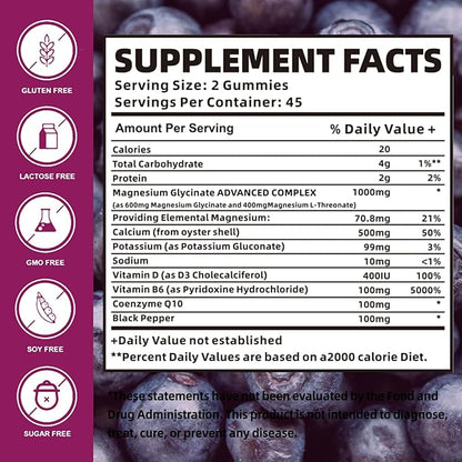 Magnesium Glycinate Gummies 1000mg with Magnesium L-Threonate,Chelated Magnesium Potassium Complex Supplement with VitD, B6, CoQ10, Calcium,Supports for Memory, Calm, Mood - 90 Elderberry Gummies