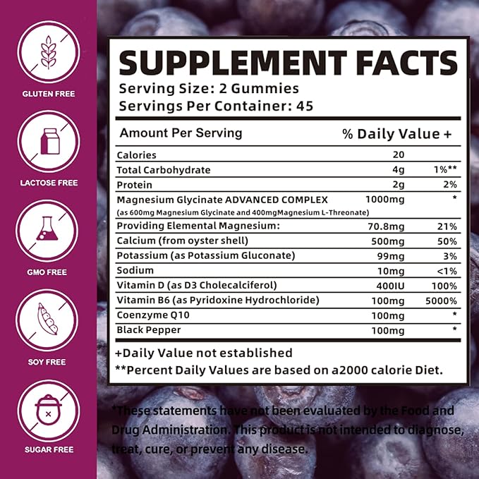 Magnesium Glycinate Gummies 1000mg with Magnesium L-Threonate,Chelated Magnesium Potassium Complex Supplement with VitD, B6, CoQ10, Calcium,Supports for Memory, Calm, Mood - 90 Elderberry Gummies