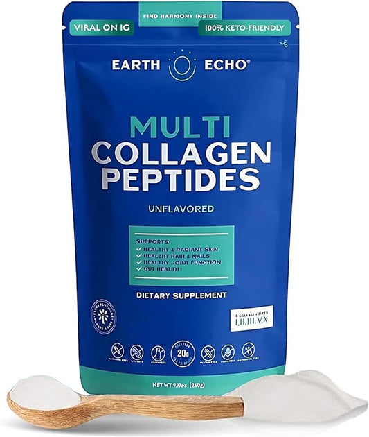 Earth Echo Multi Collagen Peptides, Hydrolyzed Collagen with Vitamin C and Hyaluronic Acid, Supports Radiant Skin, Healthy Joints, Gut Health and Immune Function, Dairy-Free, 26 Servings